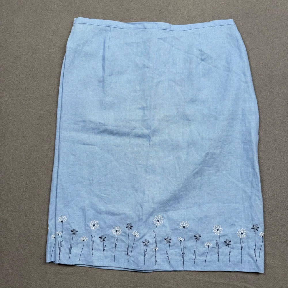Pencil Skirt 100% Linen Floral Embroidered Modest Prairie Powder Blue Size 14